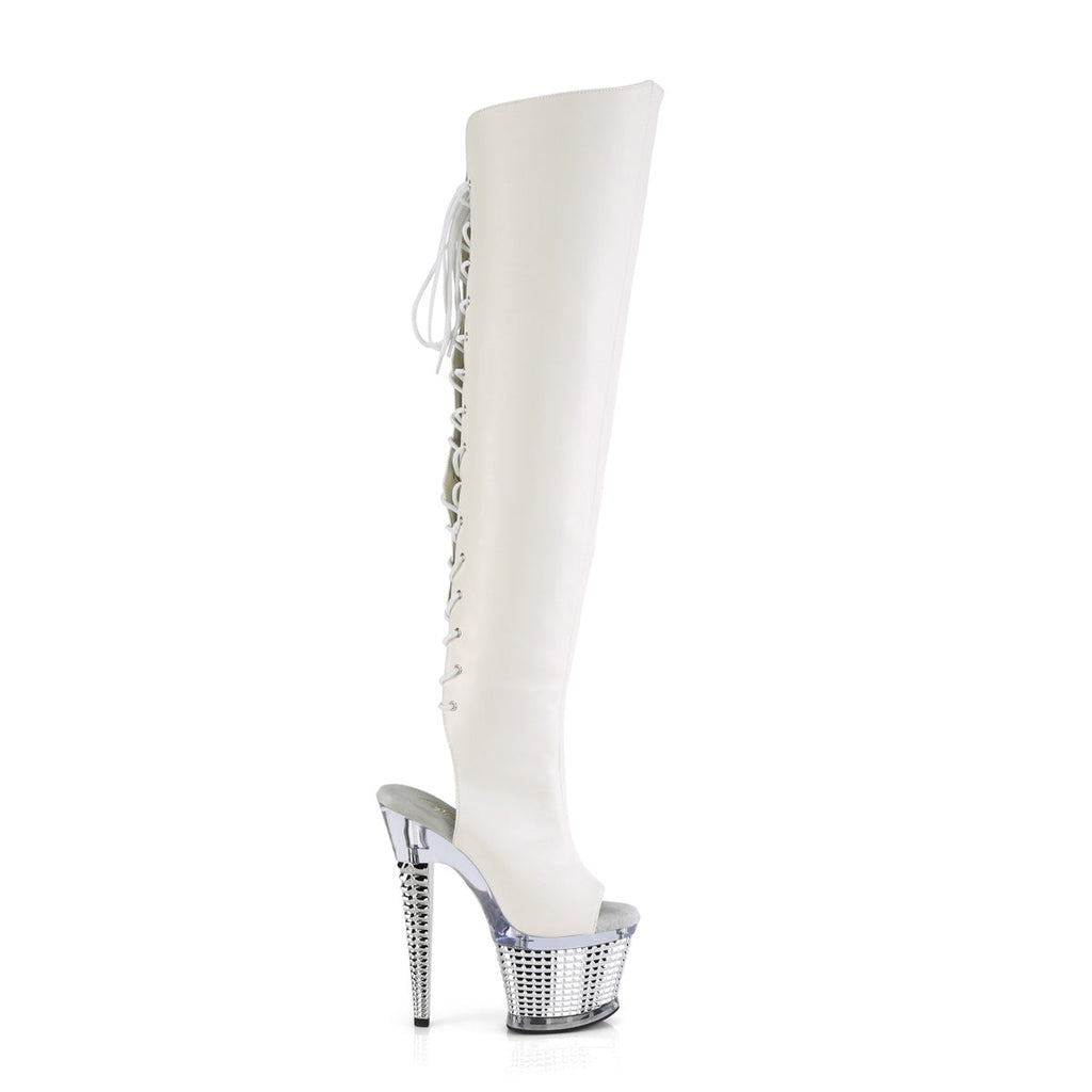 Pleaser  Boots SPECTATOR-3019 Wht Faux Leather/Clr-Slv Chrome
