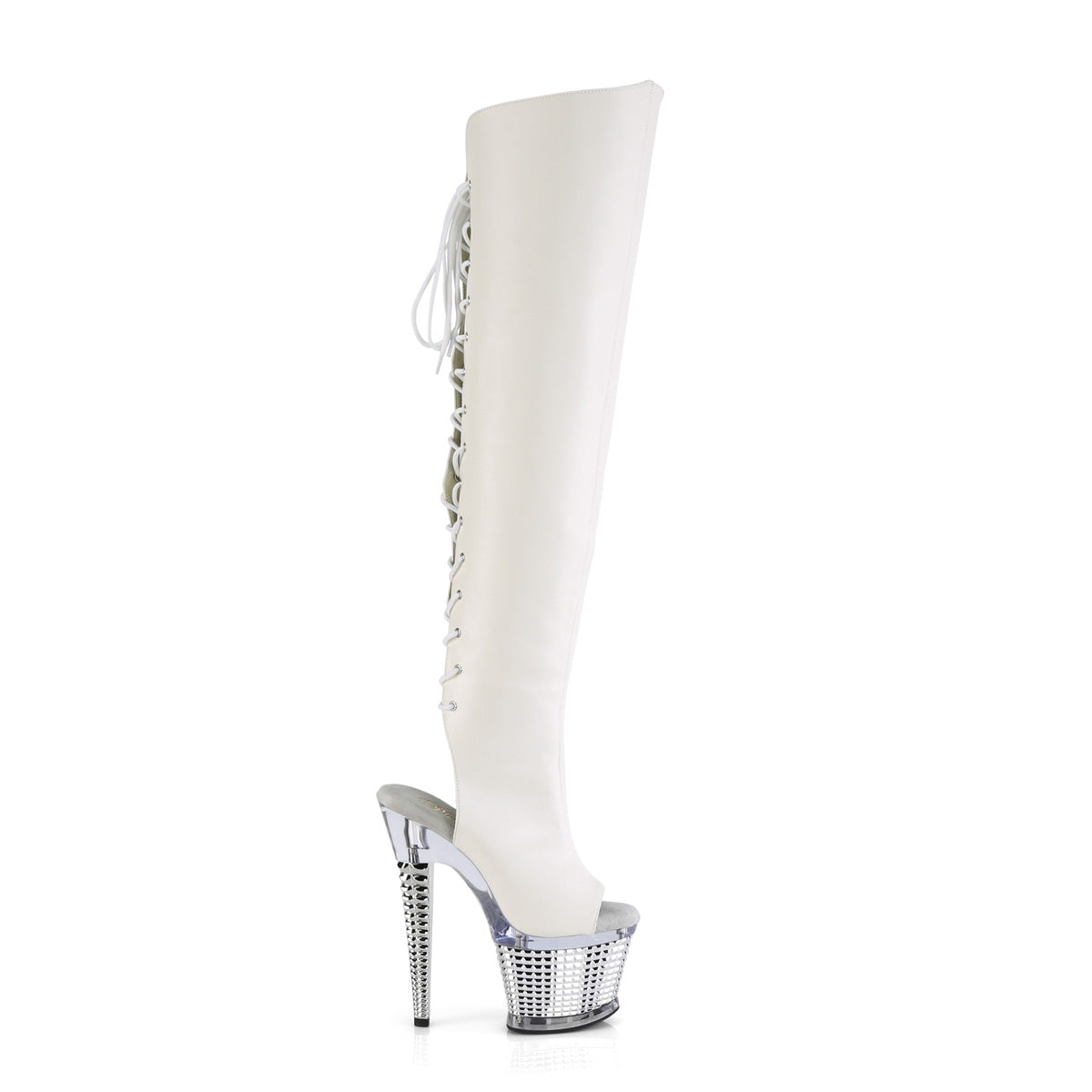 Pleaser  Boots SPECTATOR-3019 Wht Faux Leather/Clr-Slv Chrome