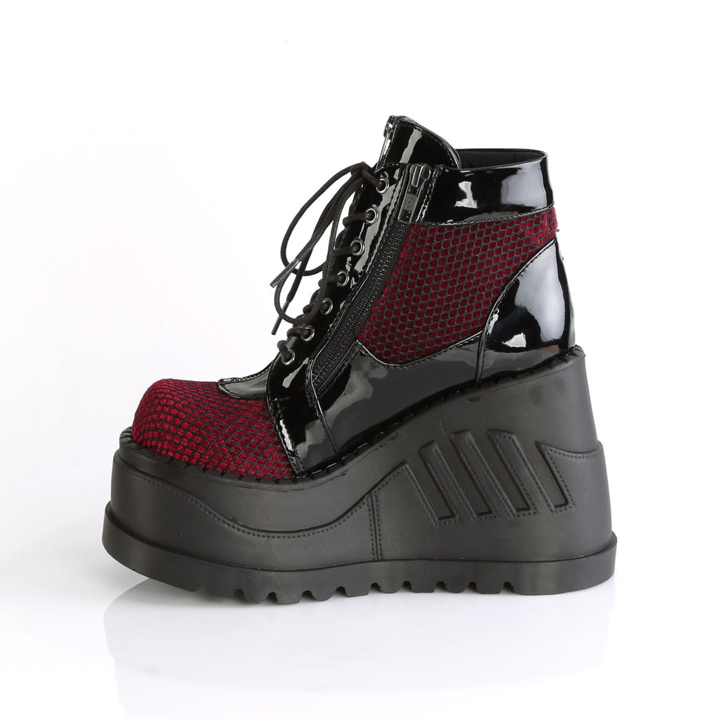 DemoniaCult Womens Ankle Boots STOMP-18 Blk Pat-Burgundy Velvet