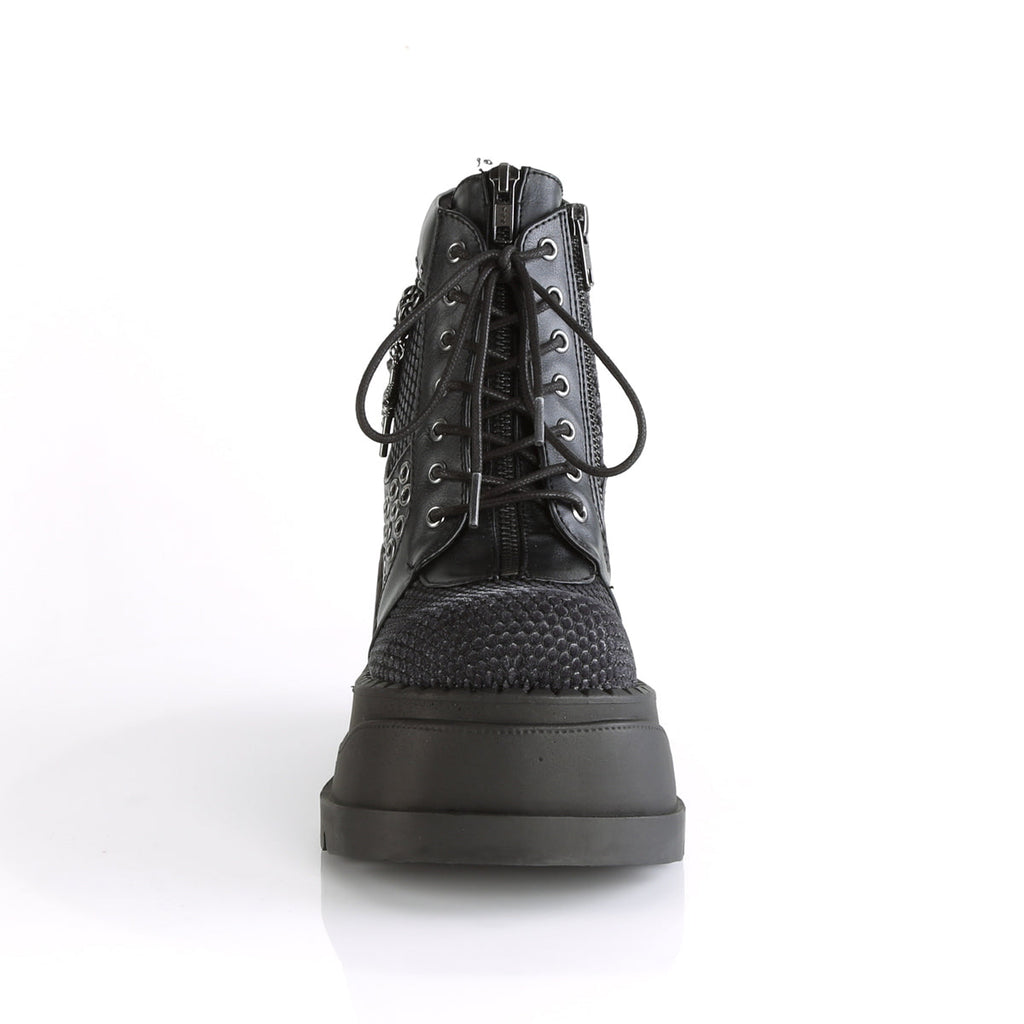 DemoniaCult Womens Ankle Boots STOMP-18 Blk Vegan Leather-Grey Velvet