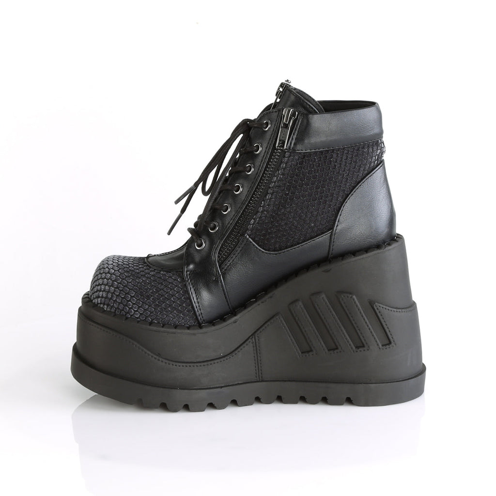 DemoniaCult Women's Ankle Boots STOMP-18 Blk Vegan Leather-Grey Velvet