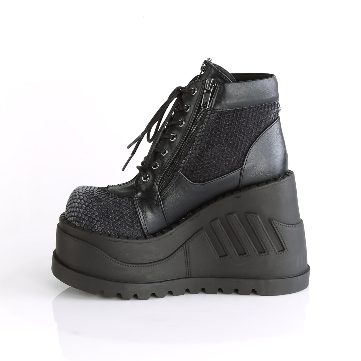 DemoniaCult Women's Ankle Boots STOMP-18 Blk Vegan Leather-Grey Velvet