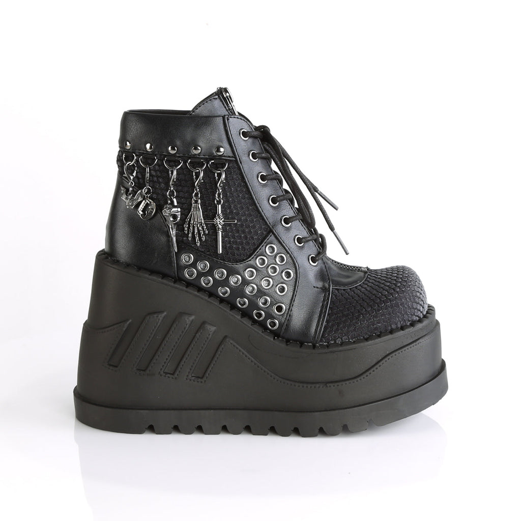 DemoniaCult Women's Ankle Boots STOMP-18 Blk Vegan Leather-Grey Velvet