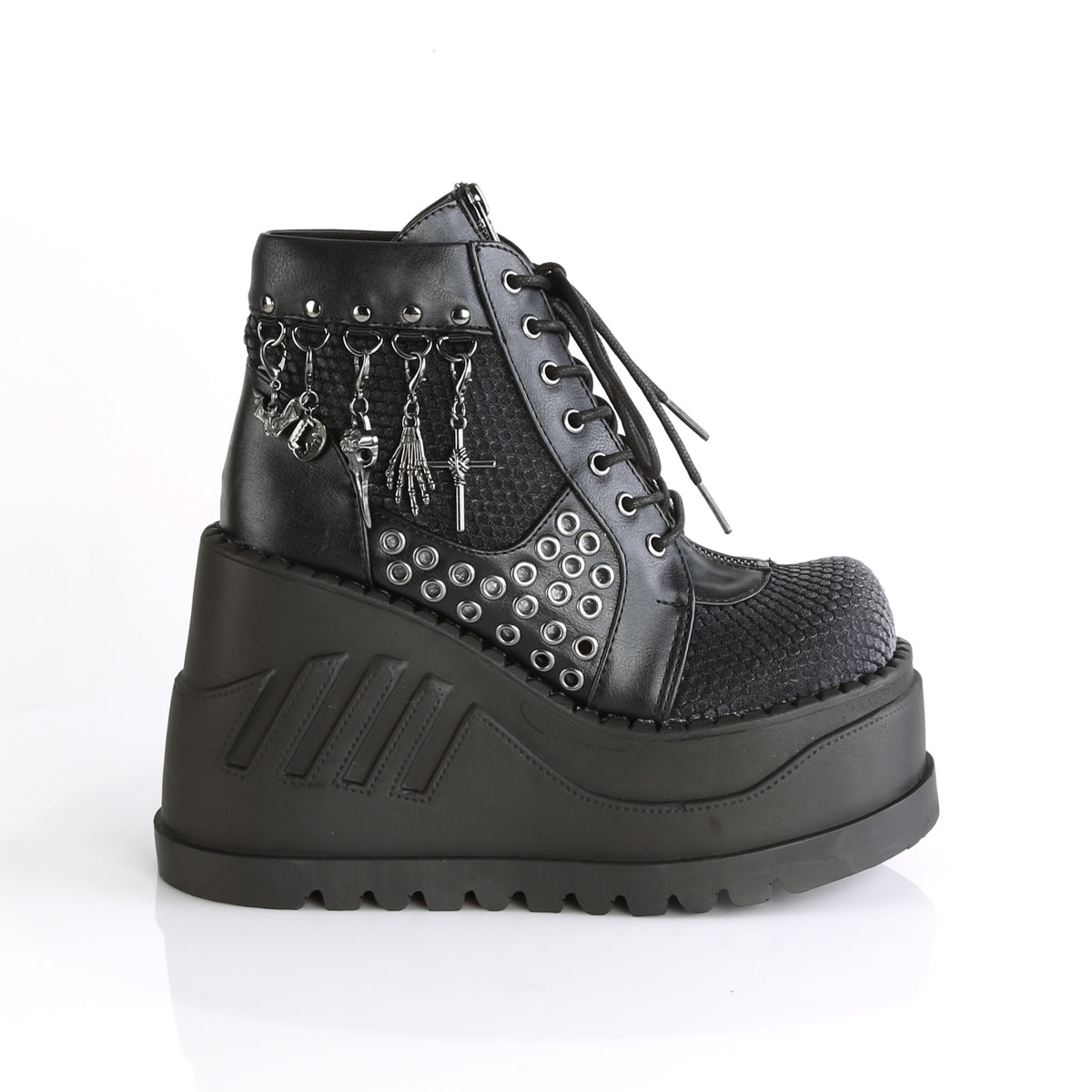 DemoniaCult Women's Ankle Boots STOMP-18 Blk Vegan Leather-Grey Velvet