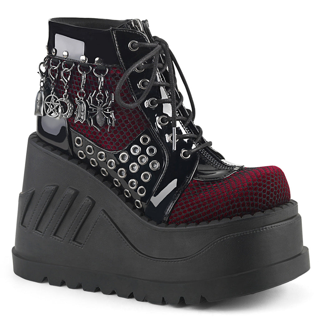 DemoniaCult Womens Ankle Boots STOMP-18 Blk Pat-Burgundy Velvet