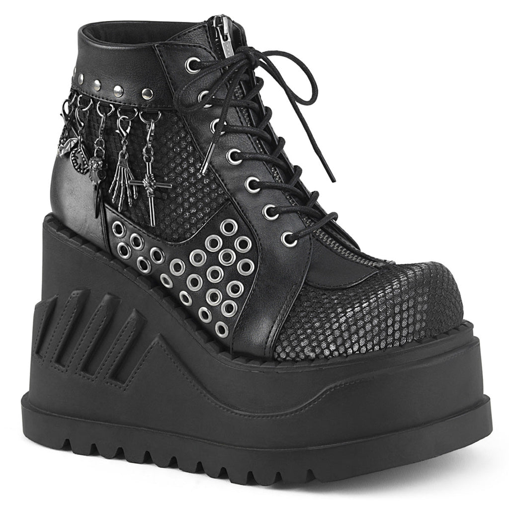 DemoniaCult Women's Ankle Boots STOMP-18 Blk Vegan Leather-Grey Velvet