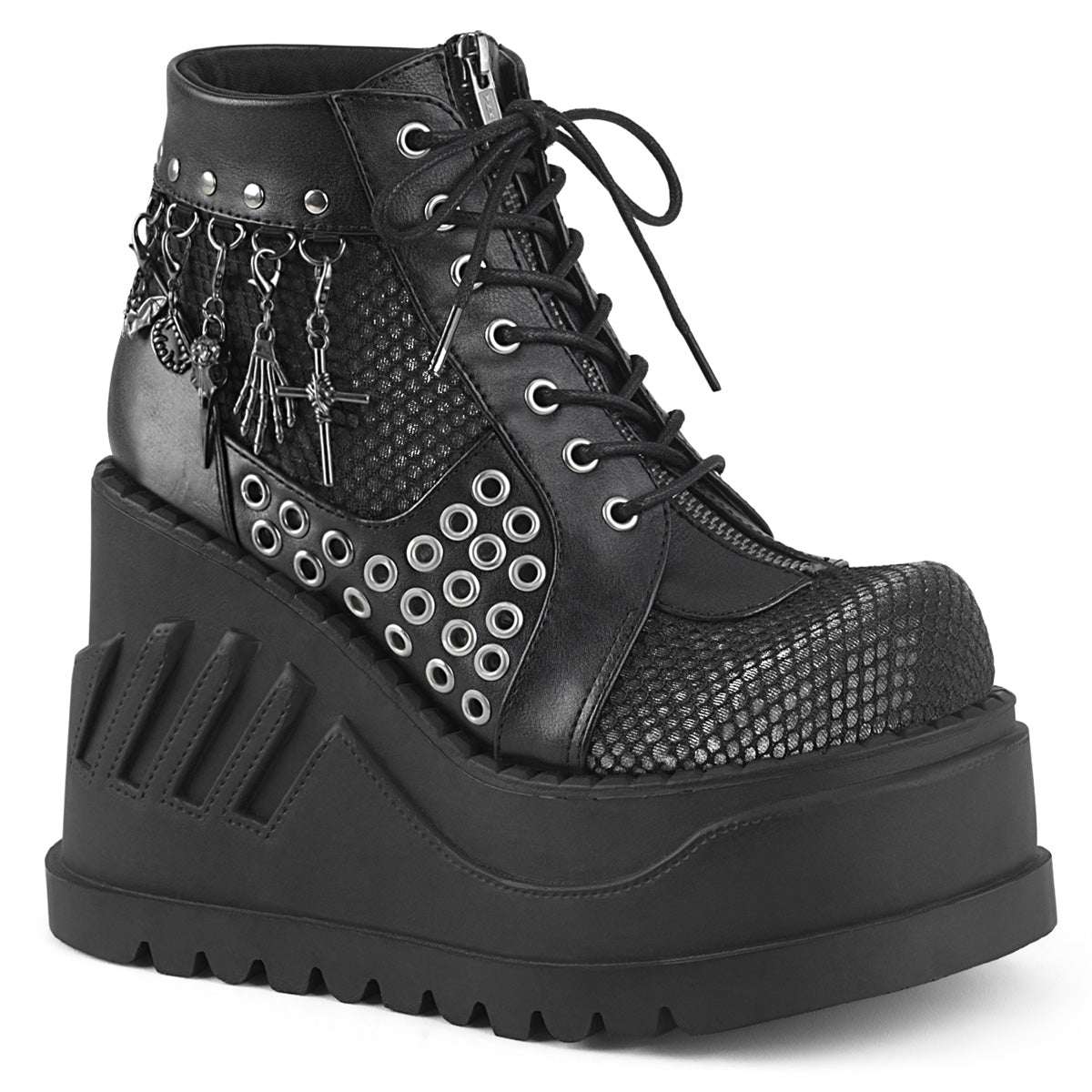 DemoniaCult Women's Ankle Boots STOMP-18 Blk Vegan Leather-Grey Velvet