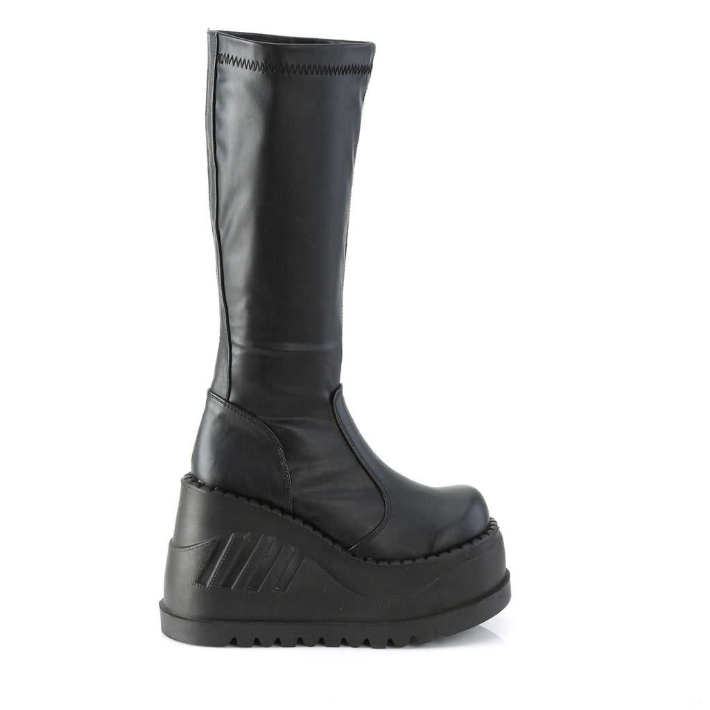 DemoniaCult Women's Mid-Calf & Knee High Boots STOMP-200 Blk Stretch Vegan Leather