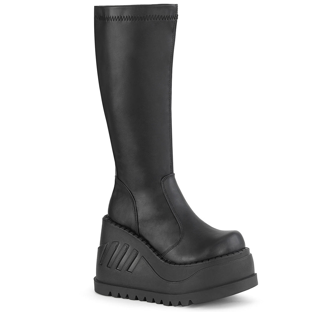 DemoniaCult Women's Mid-Calf & Knee High Boots STOMP-200 Blk Stretch Vegan Leather
