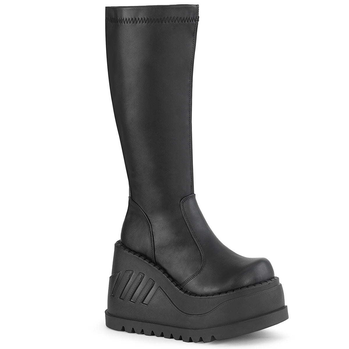 DemoniaCult Women's Mid-Calf & Knee High Boots STOMP-200 Blk Stretch Vegan Leather
