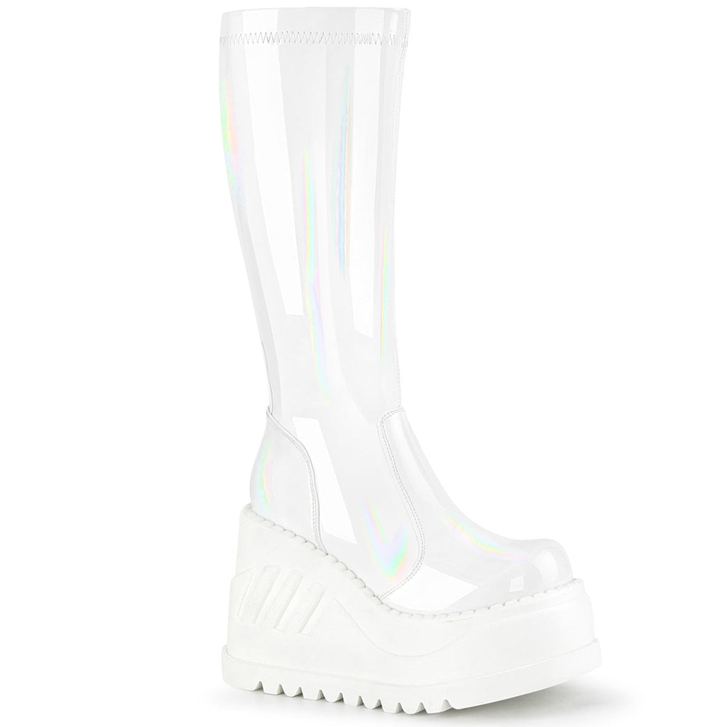 DemoniaCult Womens Boots STOMP-200 Wht Hologram Stretch Patent