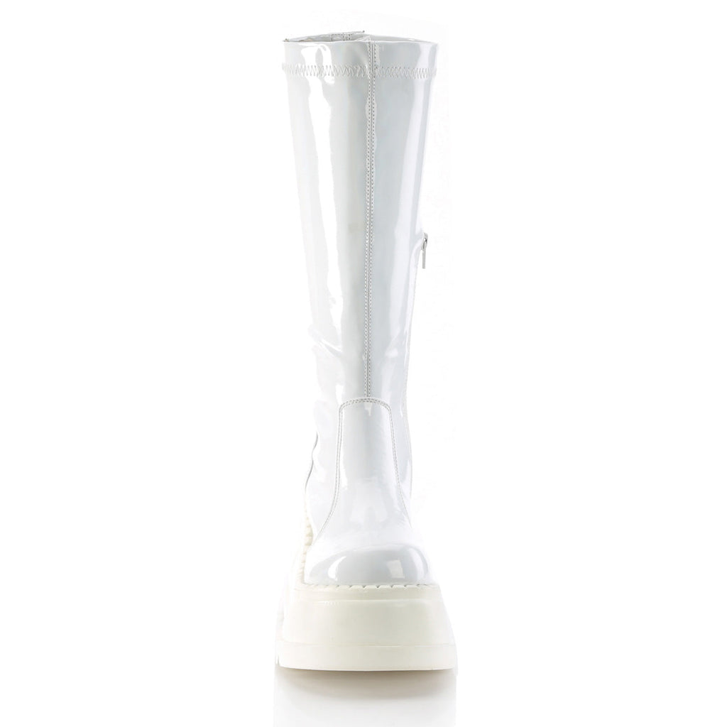 DemoniaCult Womens Boots STOMP-200 Wht Hologram Stretch Patent
