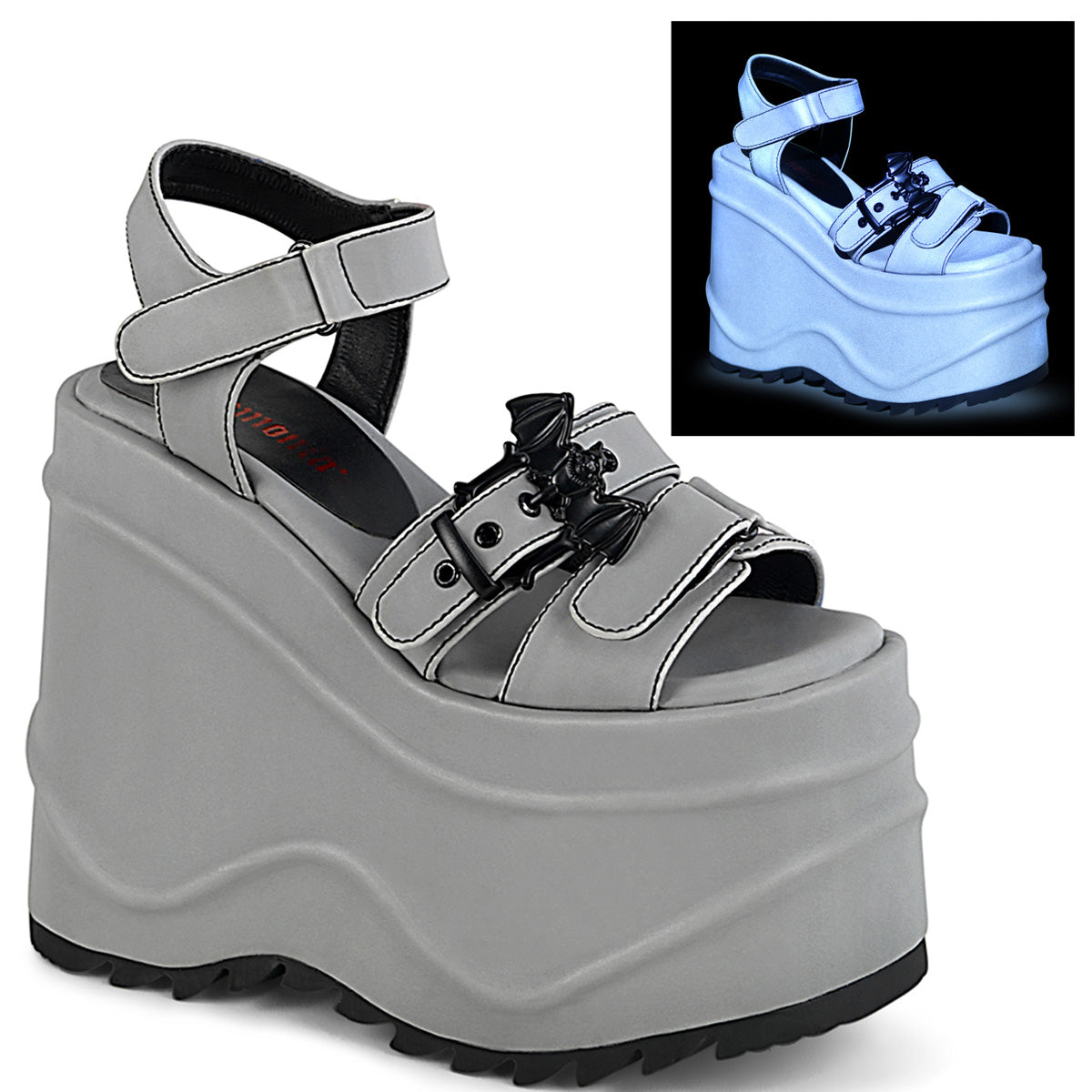 DemoniaCult Womens Sandals WAVE-13 Grey Reflective Vegan Leather